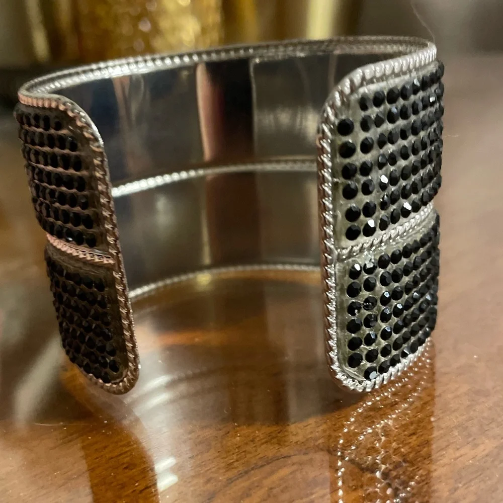 Black Rhinestone Silver Cuff Bracelet